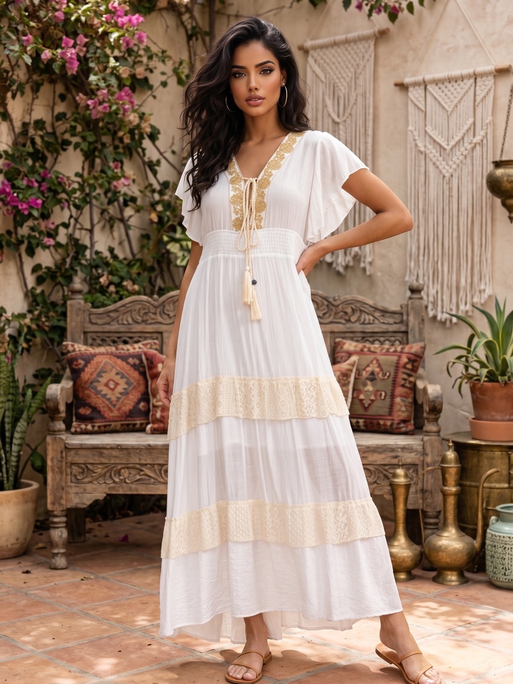 🌟B640. Boho Maxi Dress with Lace Trim in Ivory
